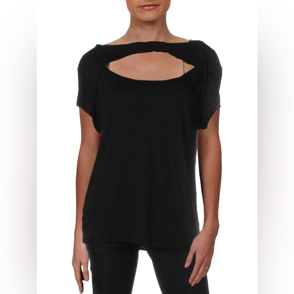 We The Free Free People Black Cutout Linen Blend Top Size Medium